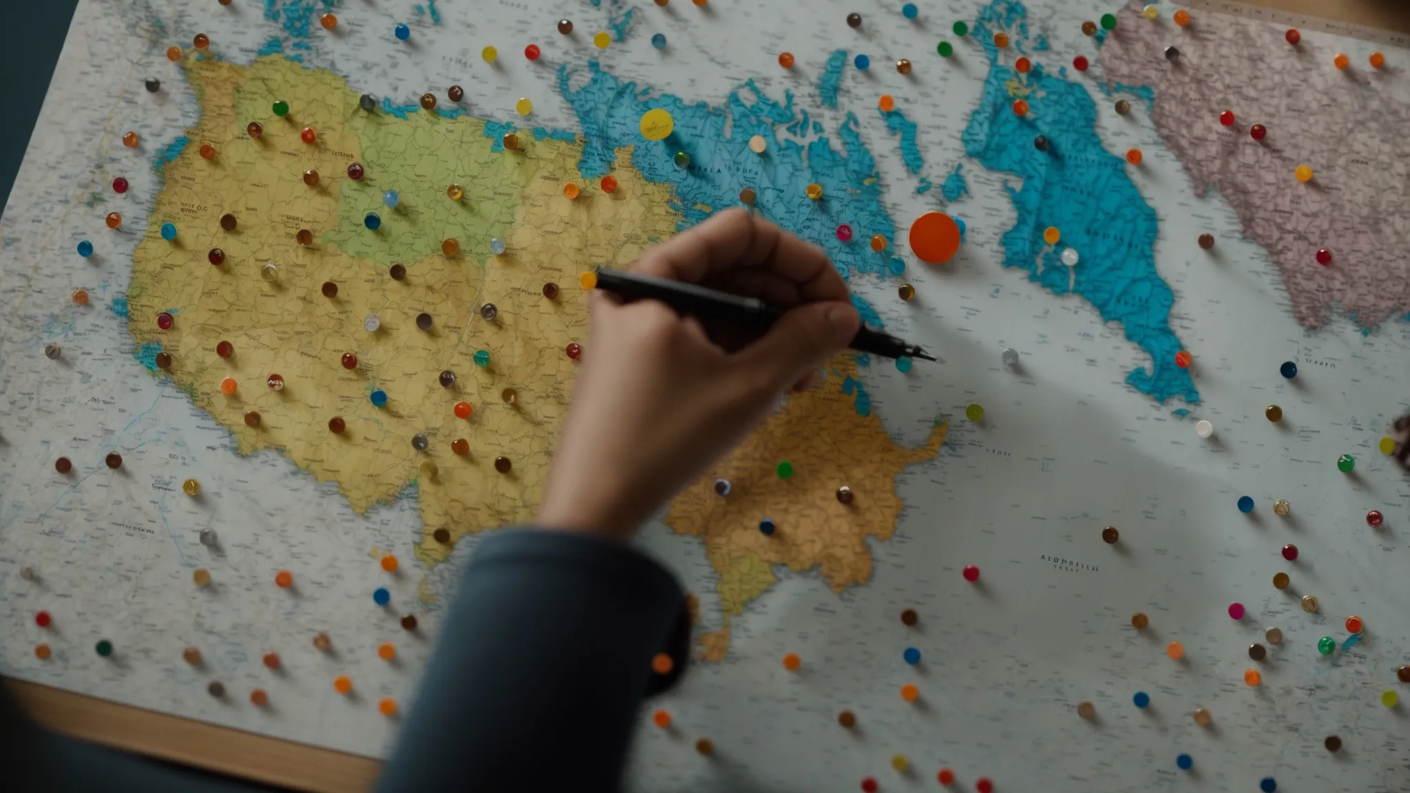 a person studying a map dotted with various colorful pins and markers.