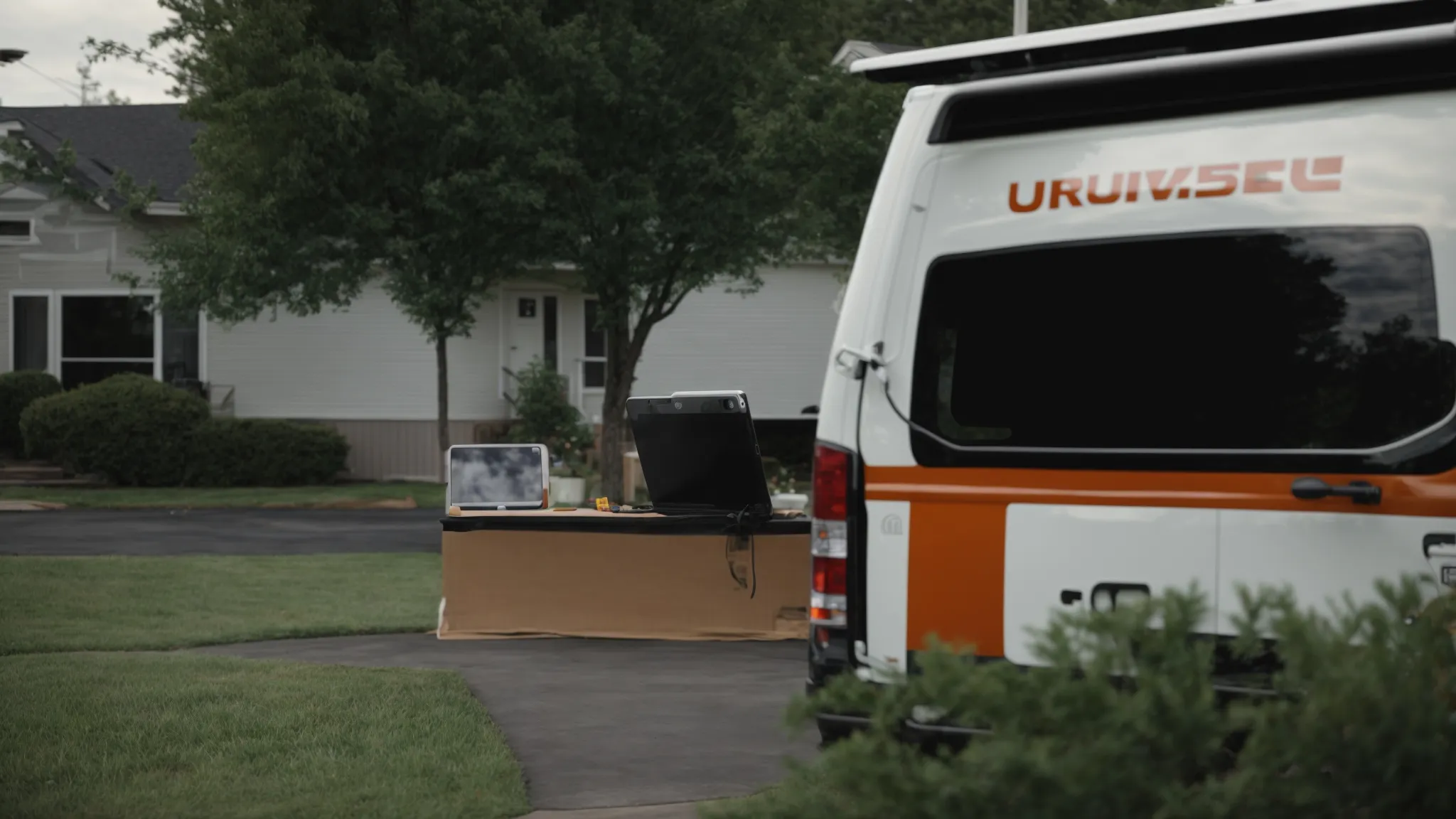 a contractor consulting his tablet while standing in front of a service van, parked in a suburban neighborhood.