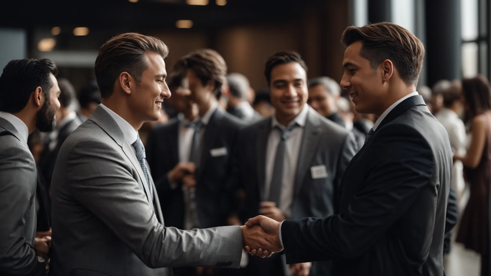 two professionals shaking hands at a networking event with a backdrop of bustling conference activity.