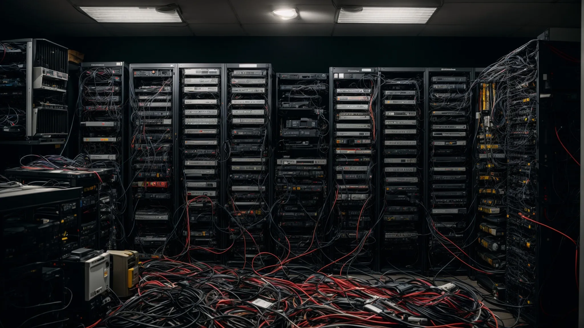 a cluttered, disorganized server room with cables scattered everywhere.