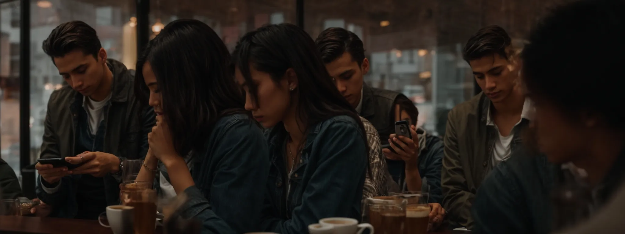 a group of people in a café engrossed in their smartphones and tablets.