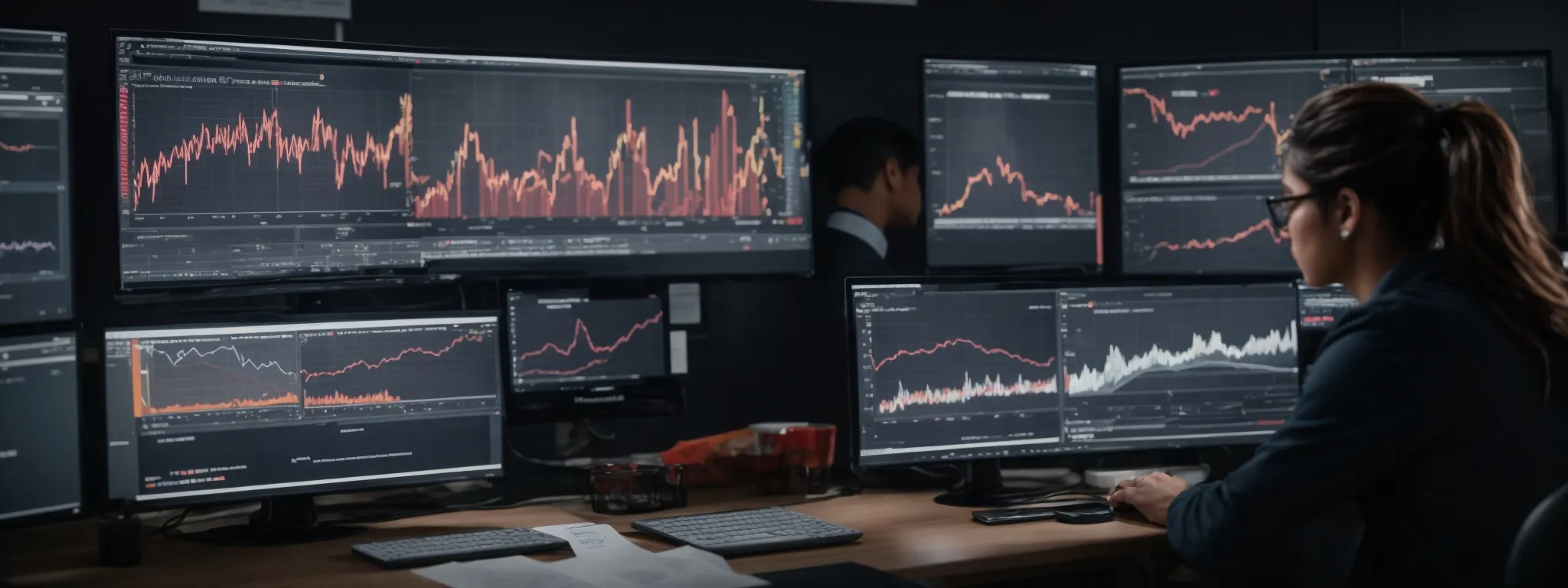 a digital marketing team analyzes graphs and charts on a large monitor, showcasing website traffic growth and search ranking improvements.