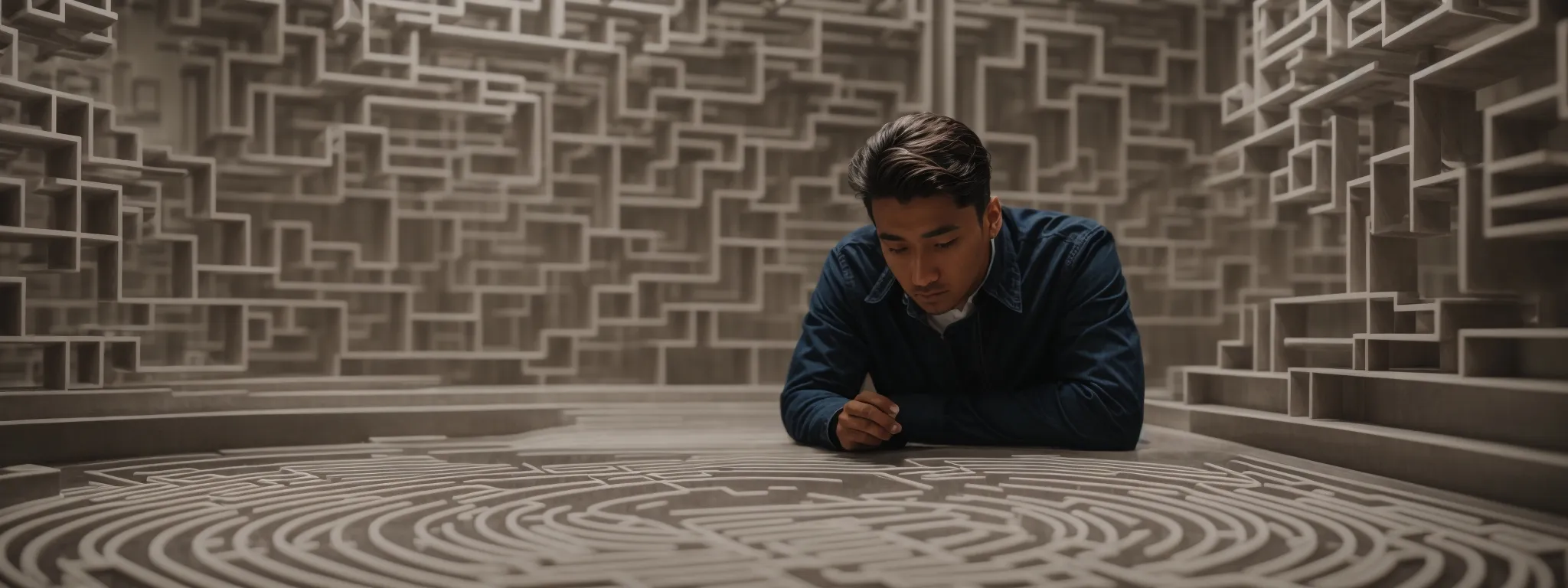 a perplexed individual staring at a maze-like blueprint representing a website's architecture.