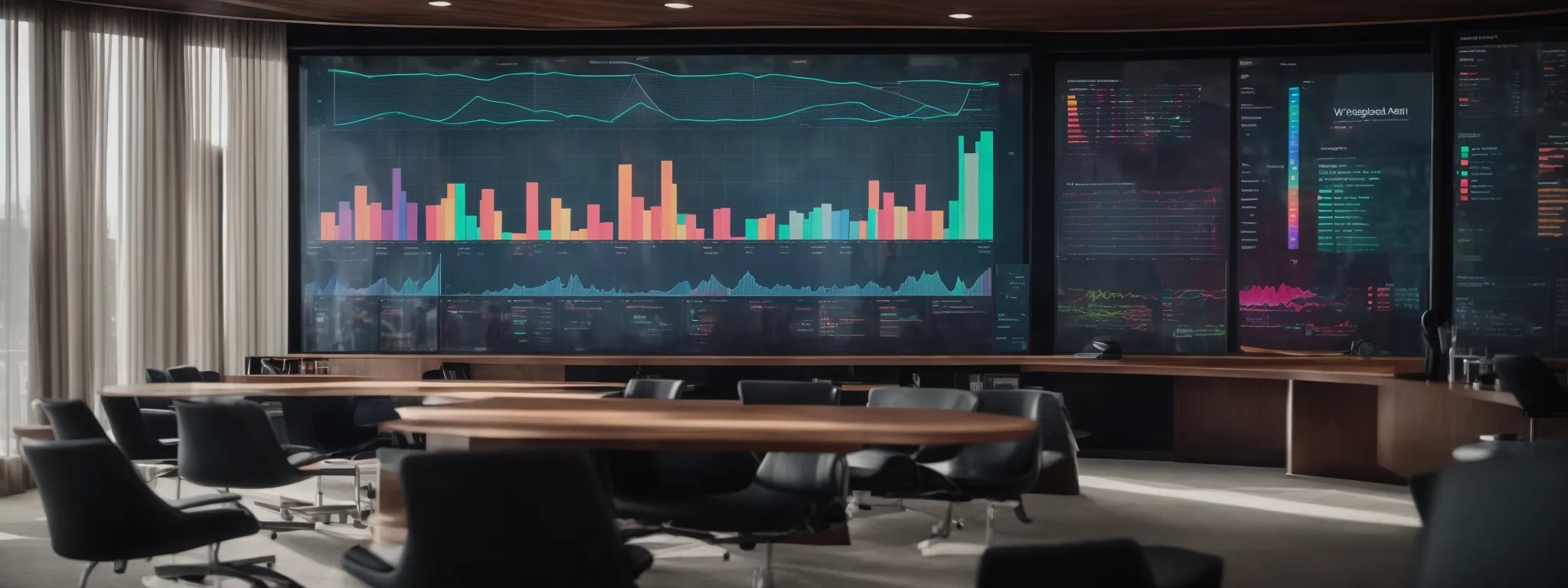 a modern corporate meeting room with a large screen displaying colorful data analytics graphs and charts.