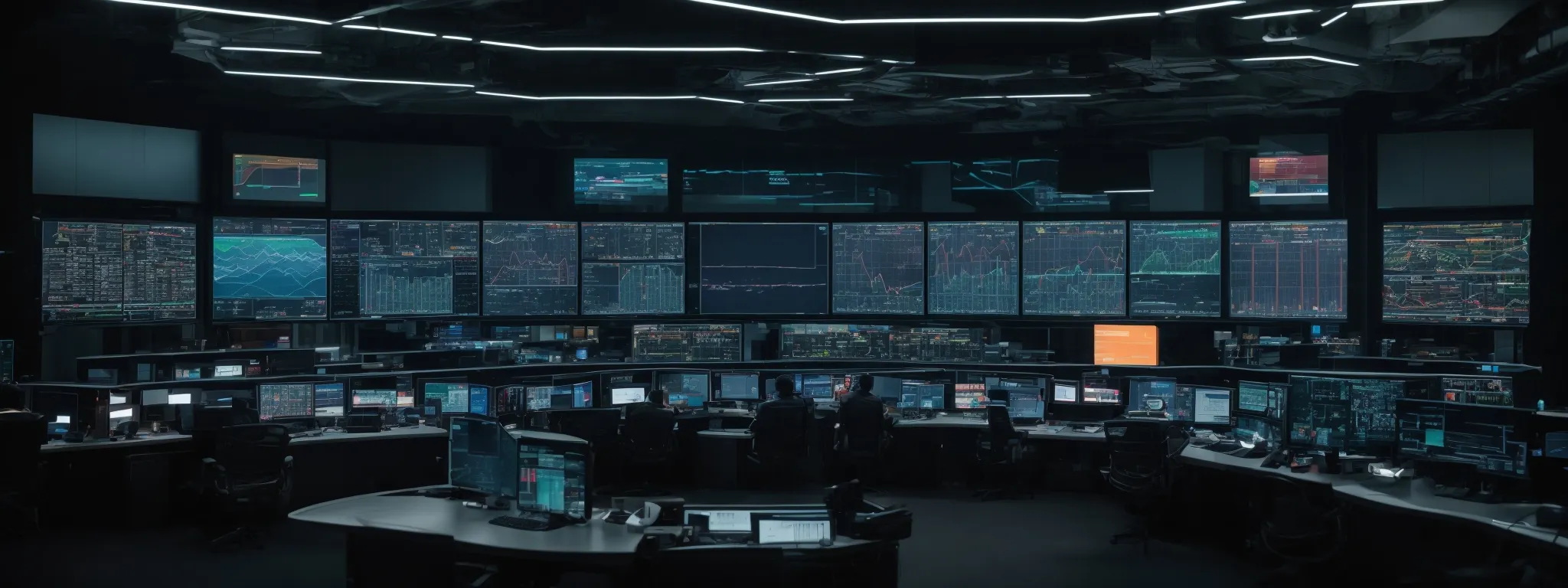 a futuristic control room filled with screens displaying graphs and automation workflows, serving as the nerve center of a b2b marketing campaign.