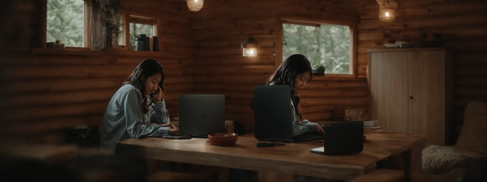 a person focused on a laptop in a serene cabin, symbolizing seamless email management with gmail offline mode.