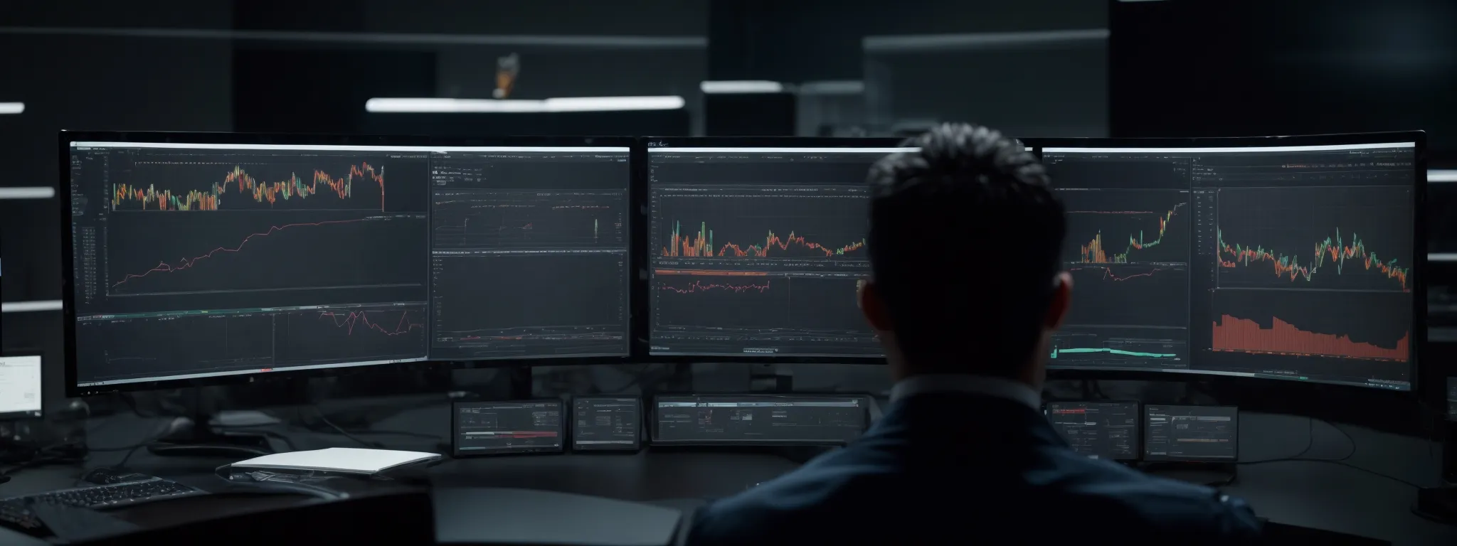 a professional at a workstation with dual monitors displays an analytics dashboard while reviewing a website's performance chart.