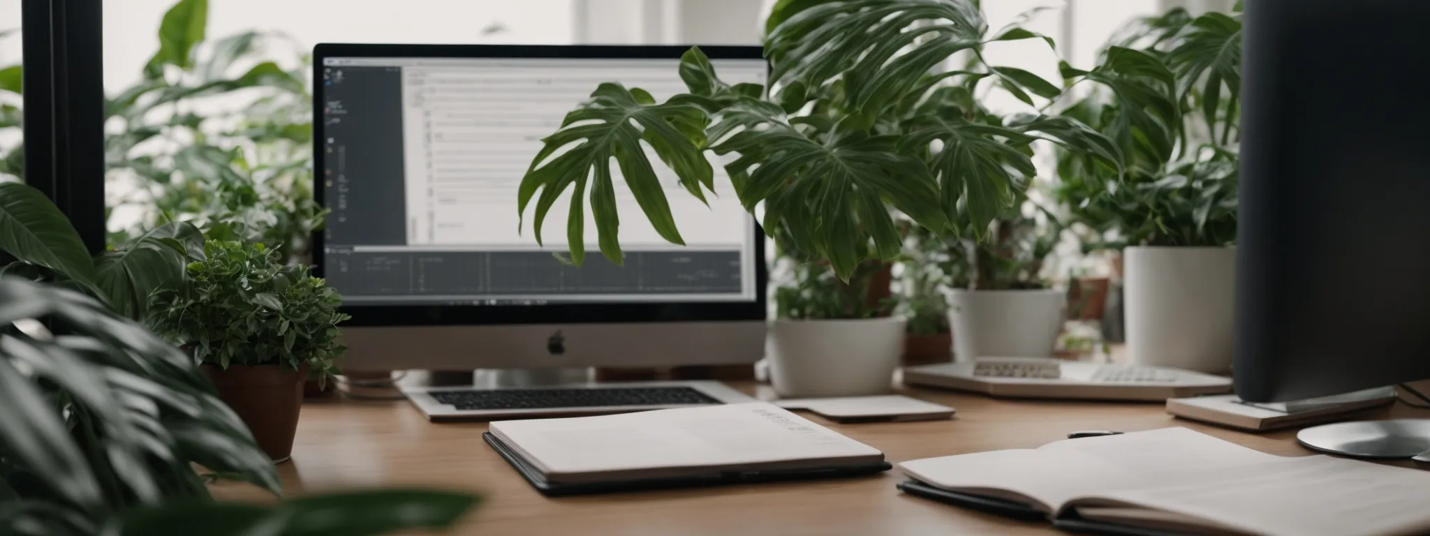a person sits at a minimalist desk, focused on meticulously editing content on a computer screen, with an open notepad and a plant beside them.