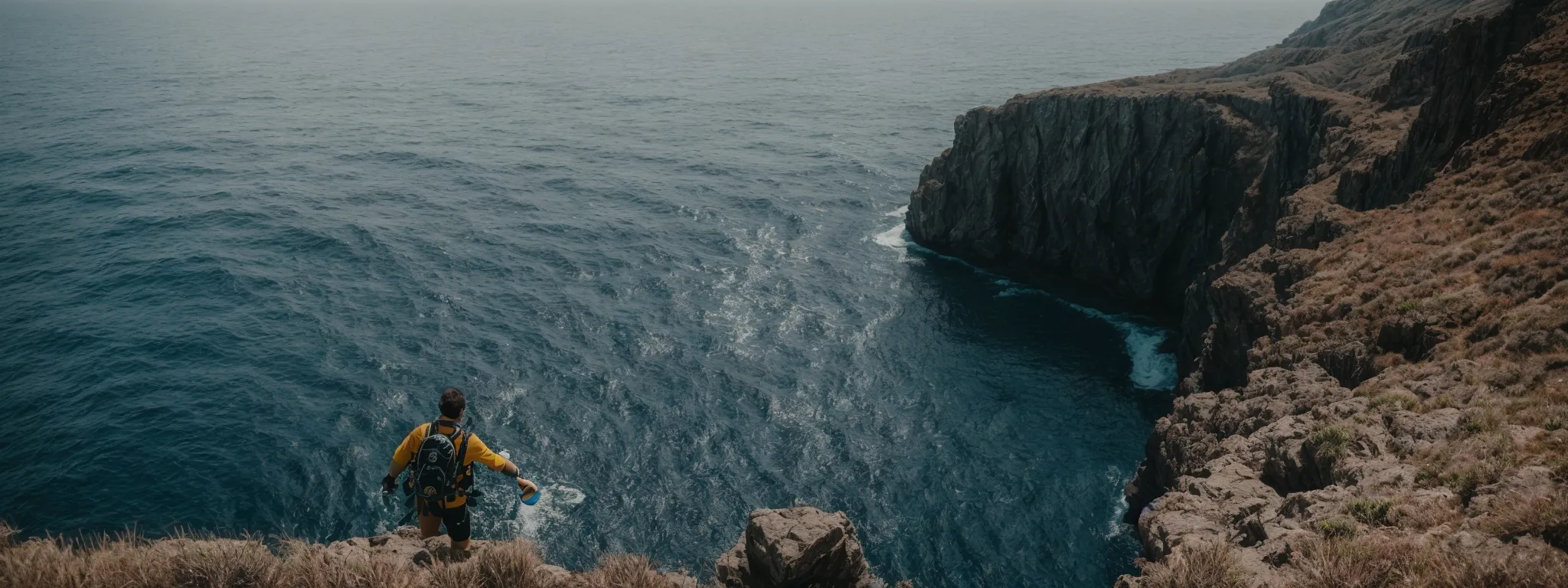 a diver poised at the edge of a cliff, ready to leap into the vast ocean below.