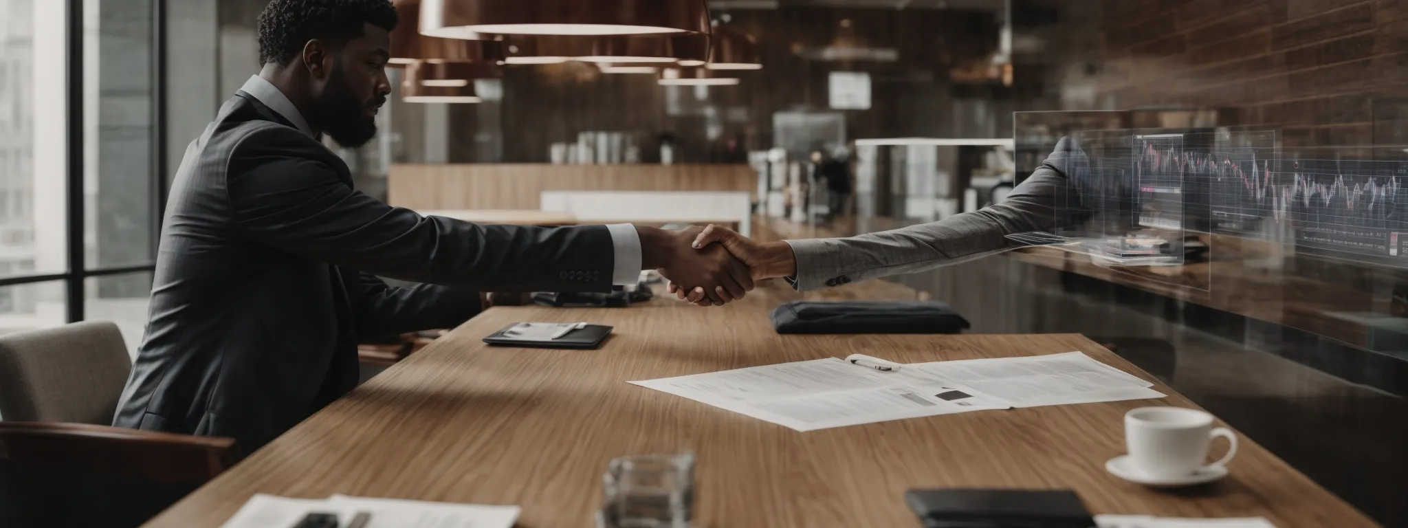 two professionals shaking hands across a table, with digital marketing strategy diagrams visible on their screens.