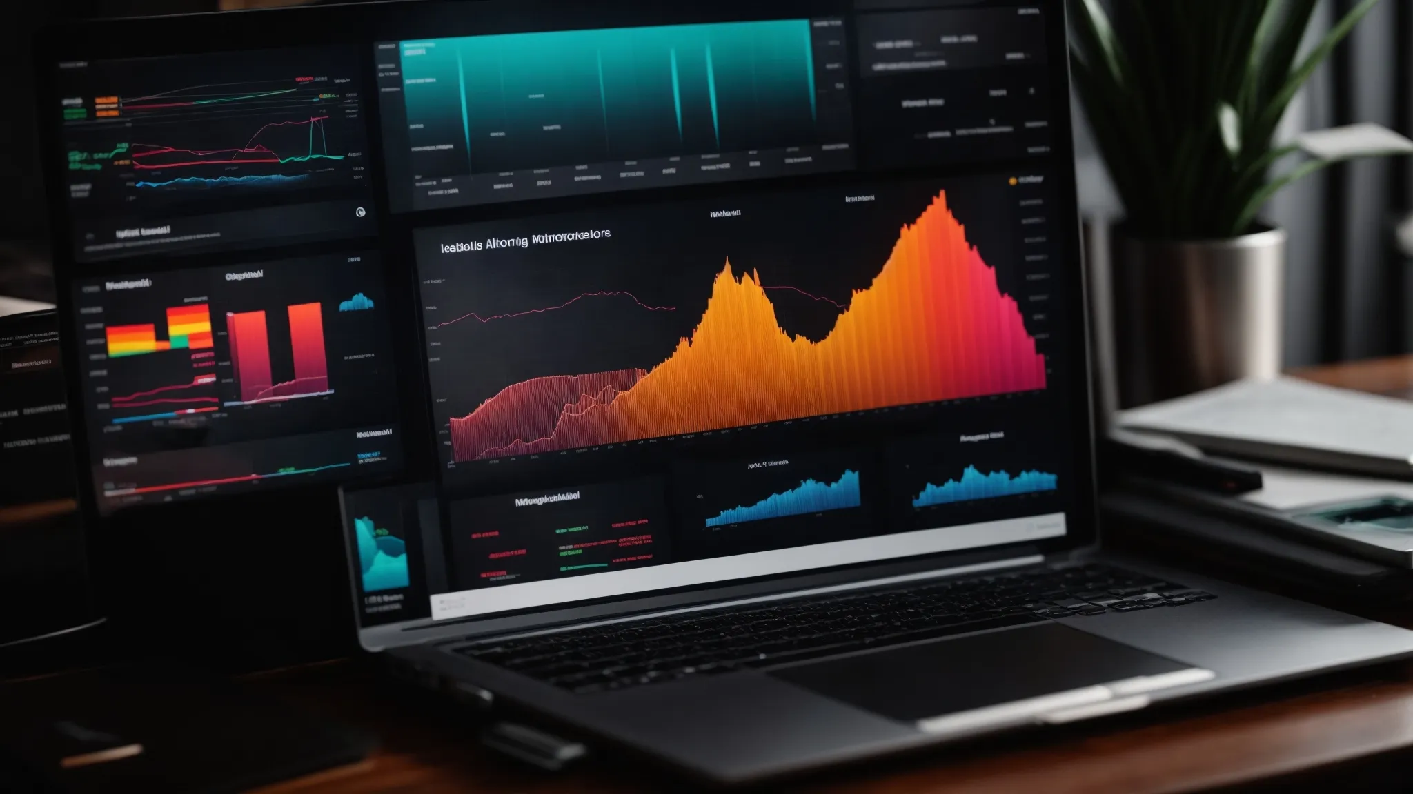 a laptop displaying colorful graphs and charts on a digital marketing dashboard.