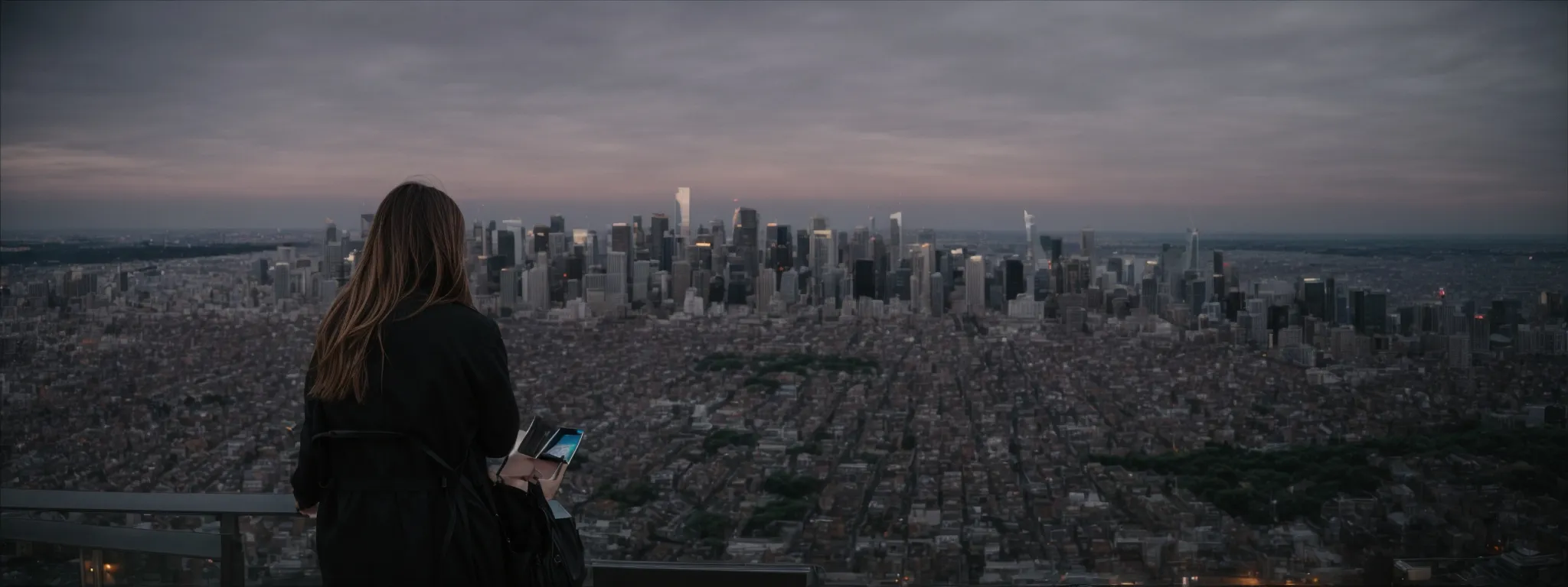 a person browsing a map on a computer with a city skyline in the background.