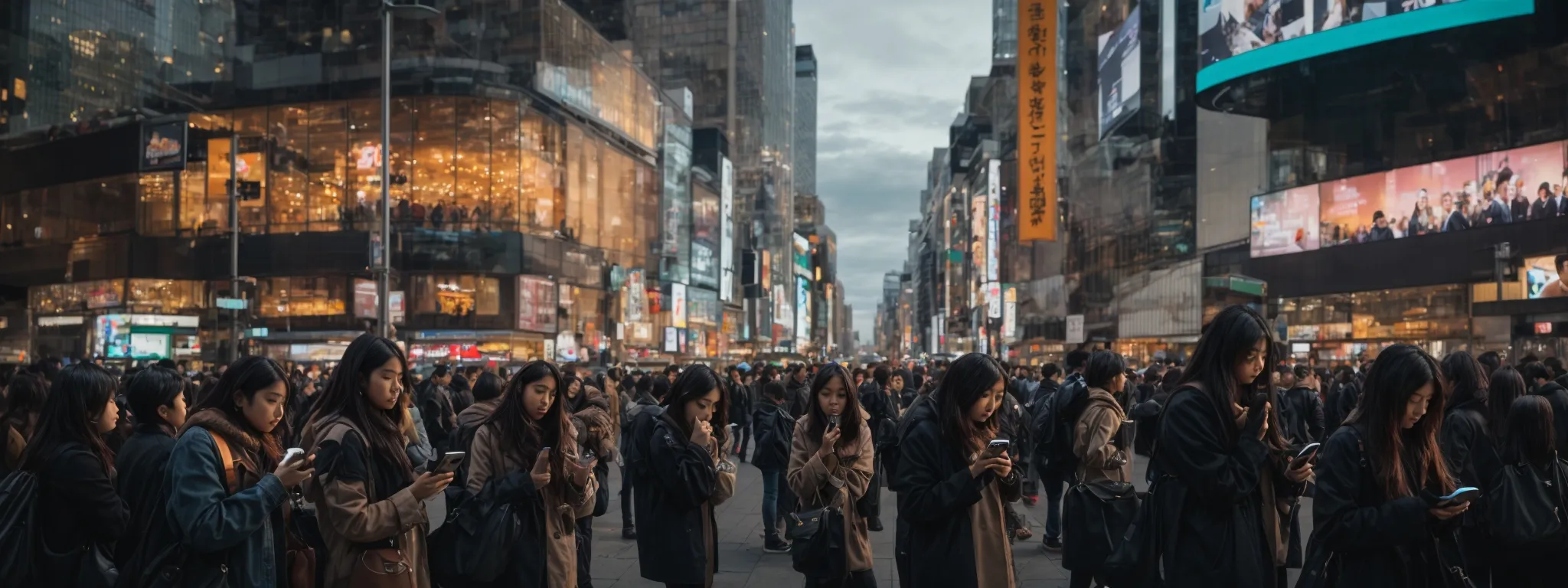 a bustling city scene with individuals immersed in their smartphones, with the focus on a prominent, brilliantly-lit billboard displaying a popular social media icon.