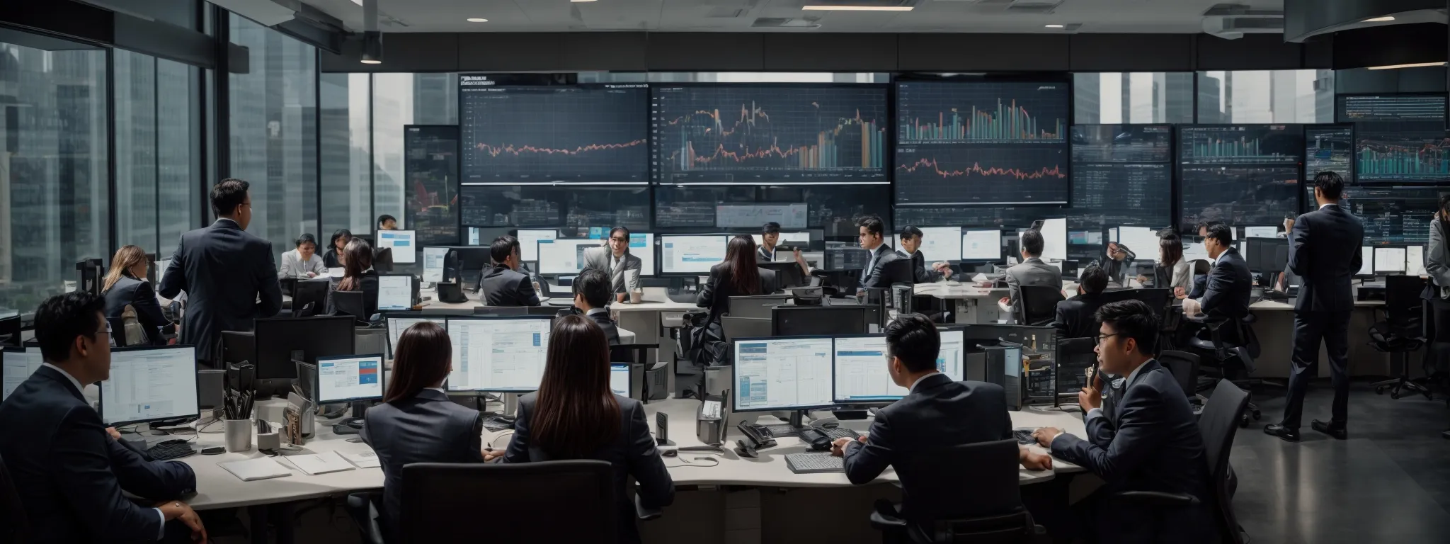 a bustling corporate office scene where a marketing team is strategizing over a large digital screen displaying traffic graphs and keyword rankings.