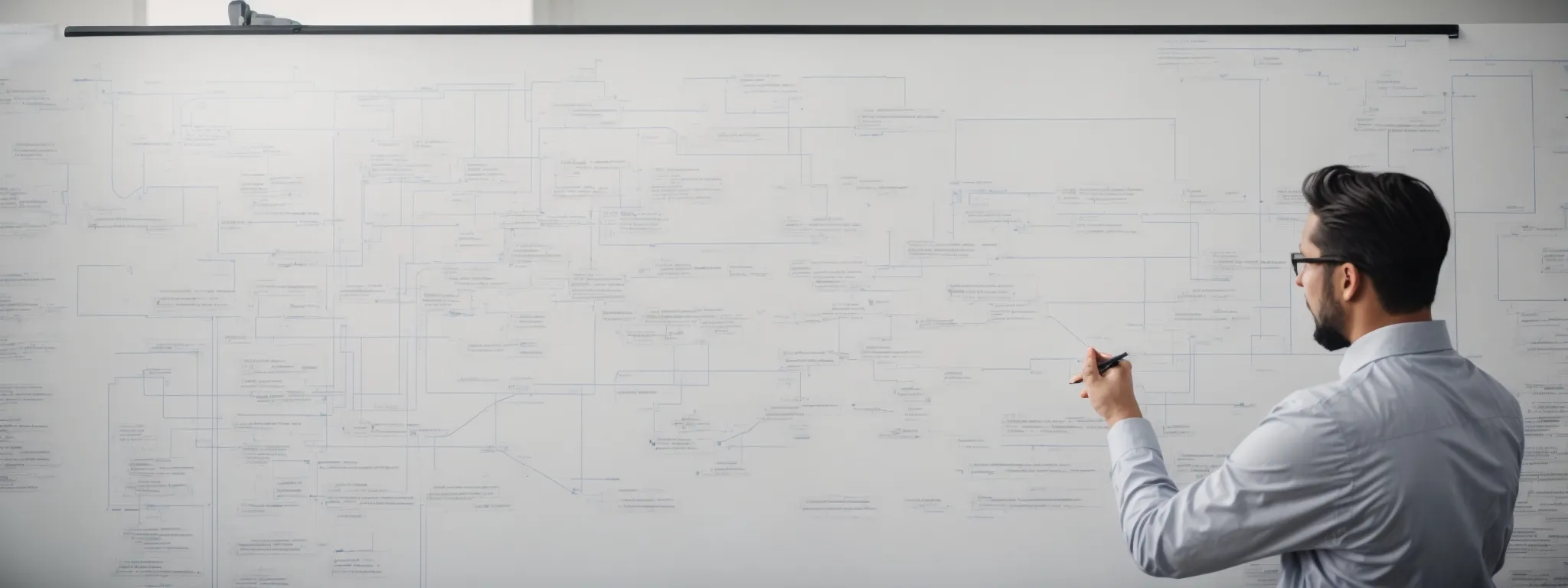 a professional meticulously maps out a website's architecture on a large whiteboard with flowchart symbols to develop a redirect strategy.