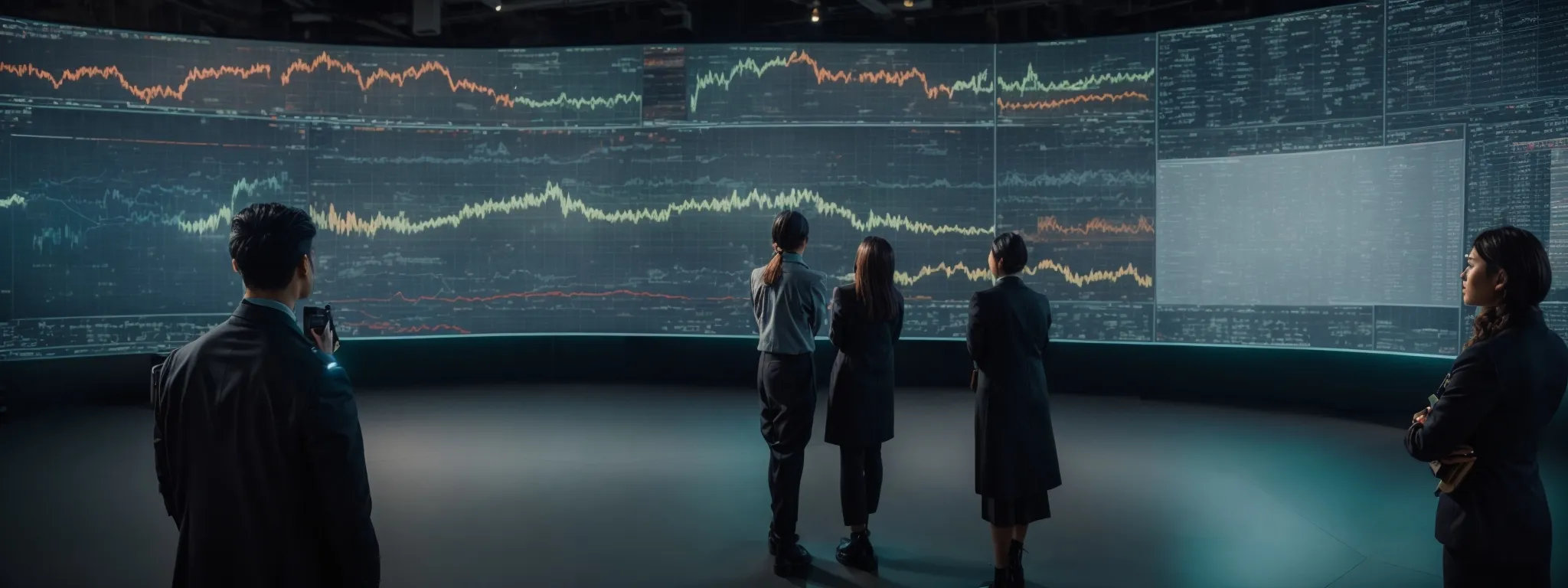 a team of professionals intently observing patterns on a large interactive display showing real-time market analytics.