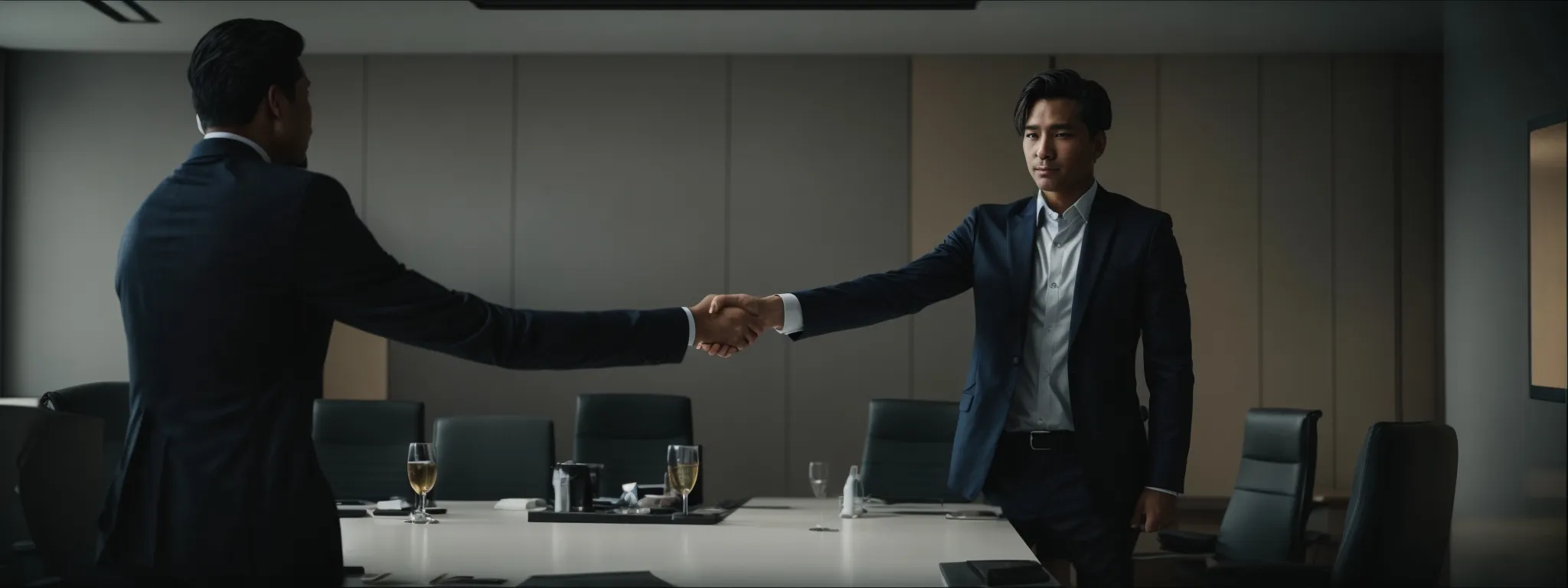 a confident individual shaking hands in a boardroom, symbolizing a successful deal brokered by expert reputation management.