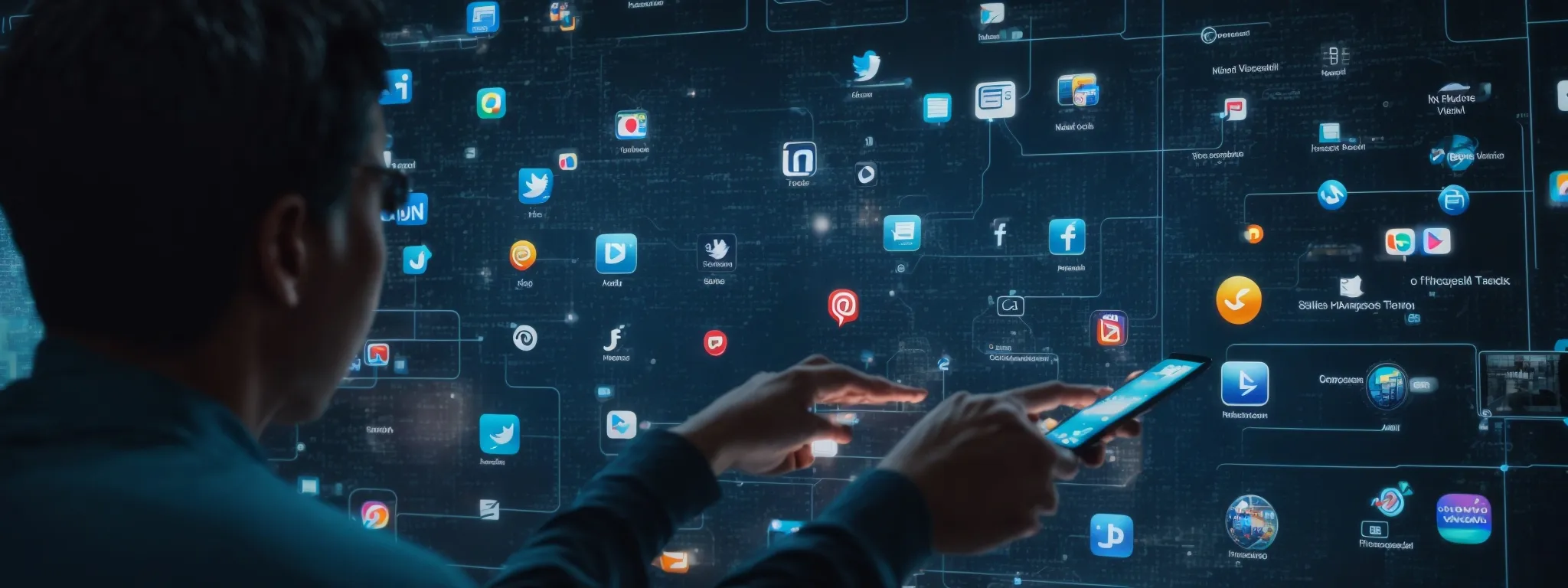 a person surrounded by social media icons tapping on a futuristic touchscreen interface to analyze and manage a brand's online presence.