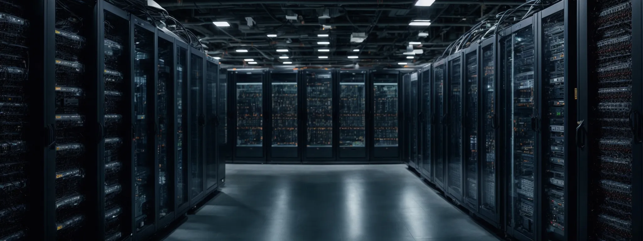 an expansive server room filled with racks of network equipment symbolizing the backbone of enterprise-level technical seo infrastructure.