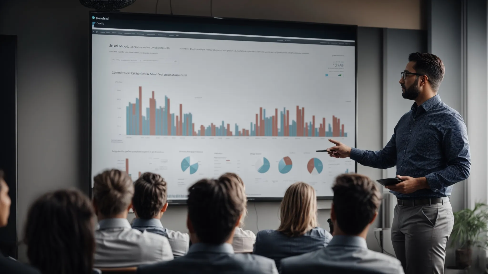 a marketing expert presenting an seo analytics dashboard on a large screen to a group of attentive professionals during a workshop.