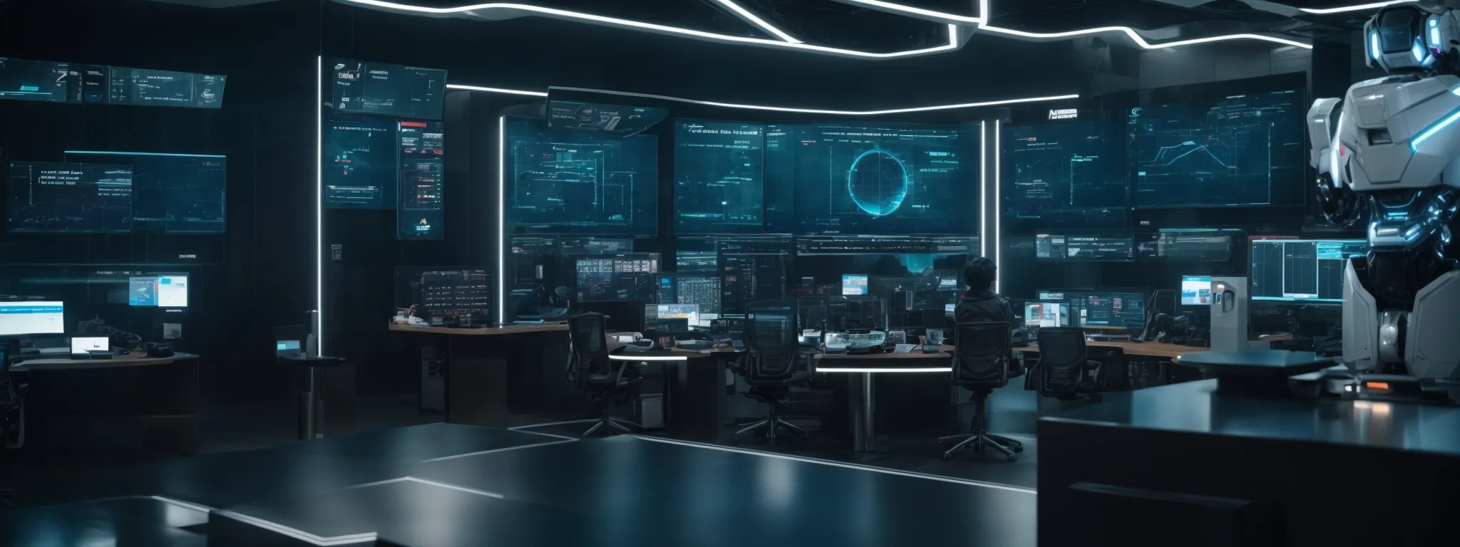 a futuristic command center with screens displaying data analytics and a humanoid robot interacting with a digital content strategy interface.