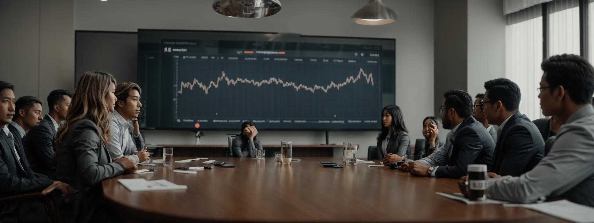 a dynamic team discussing strategies around a conference table with growth charts on a screen.
