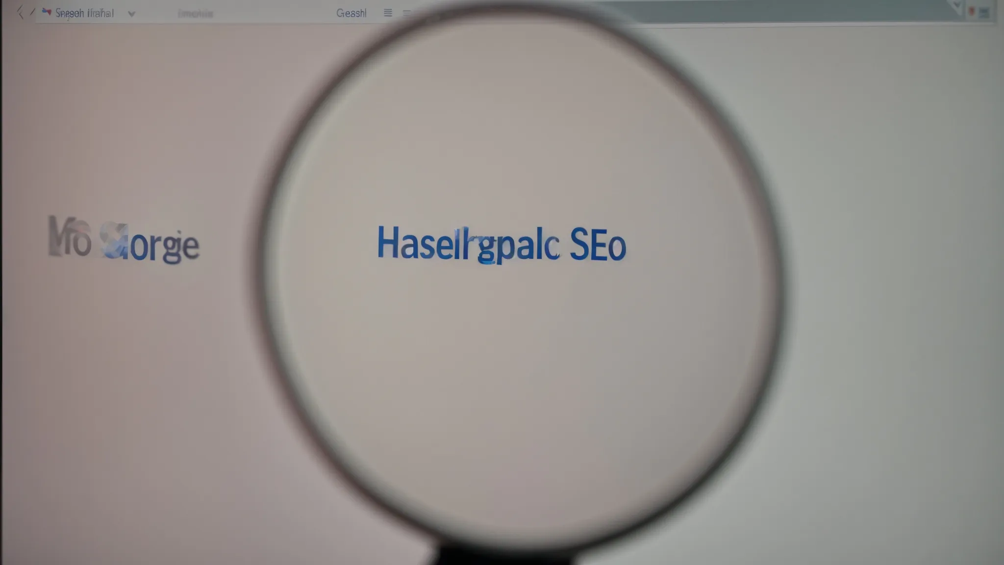 a computer screen displaying a search engine page with a magnifying glass highlighting the word "seo."