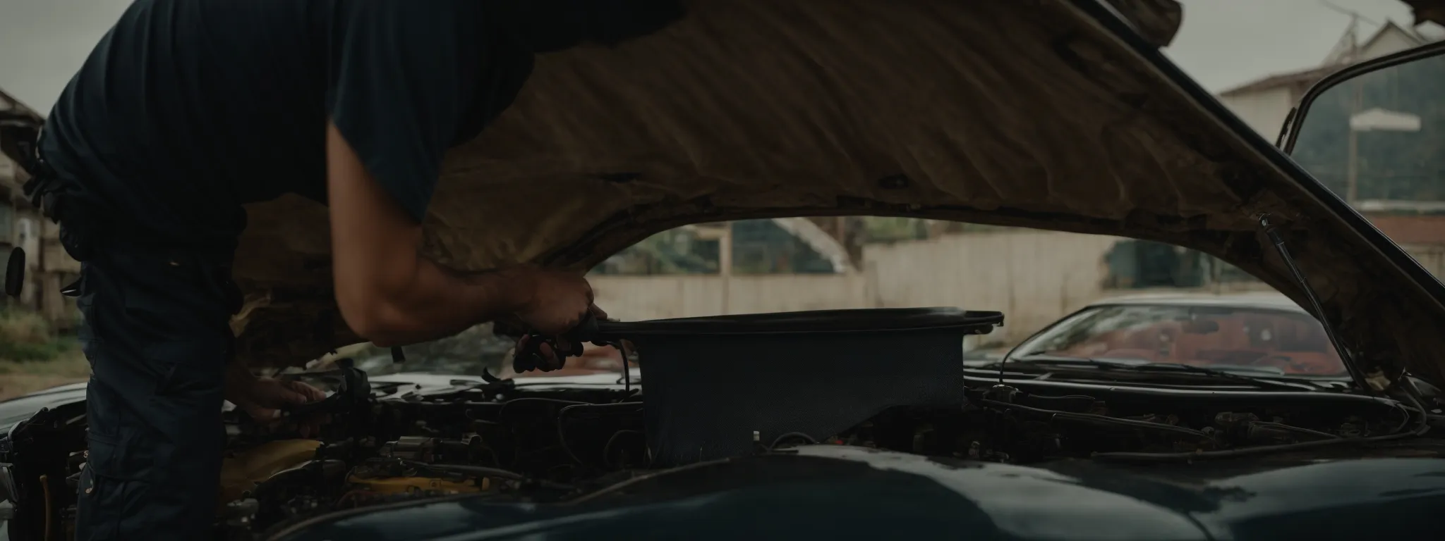 a mechanic leans over the open hood of a classic car, fitting a new high-performance air filter.