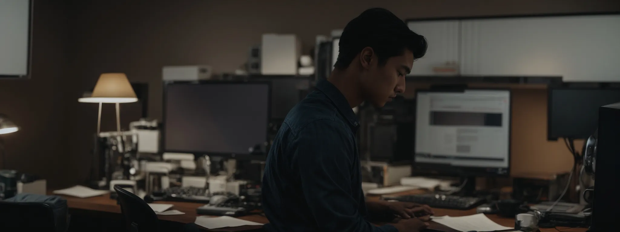 a focused individual working intently on a computer in a serene, clutter-free office space.