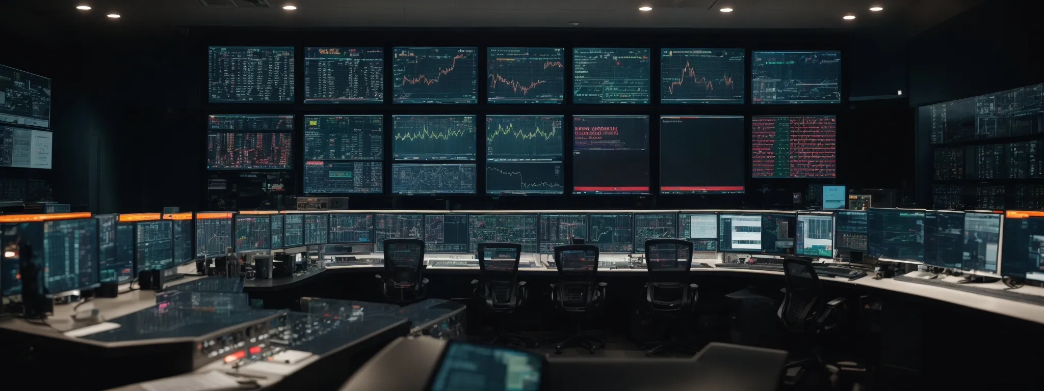a bustling digital control room with screens displaying website analytics and performance metrics.