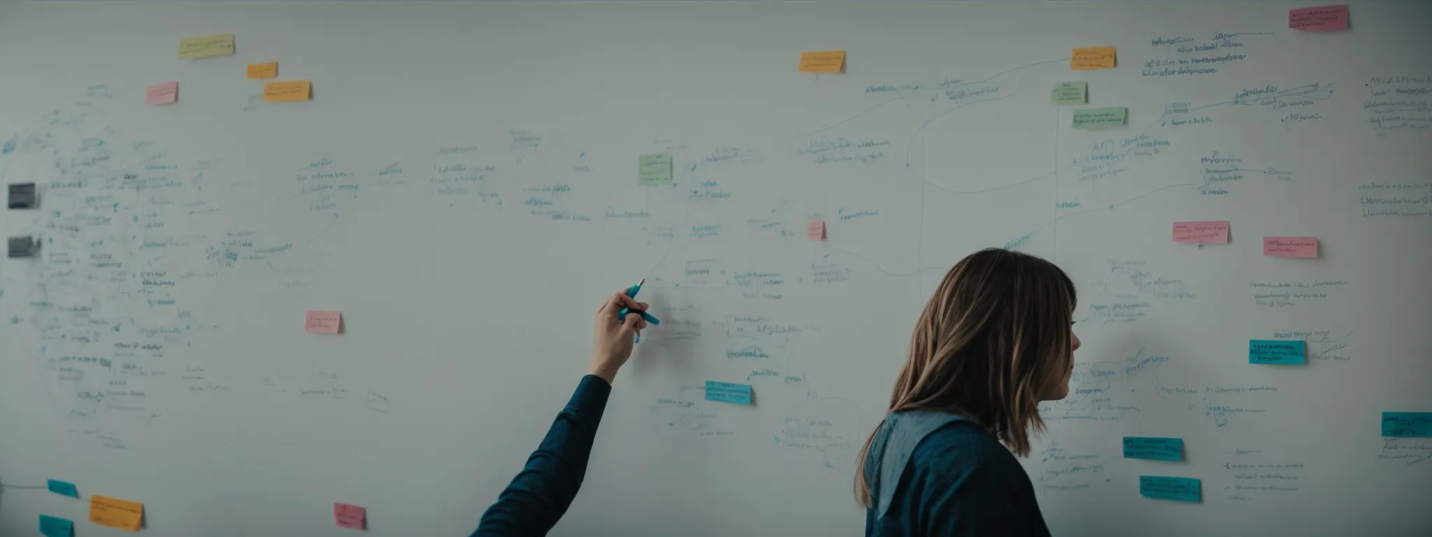 a marketer thoughtfully composing a strategic content plan on a whiteboard with a vibrant mind map.