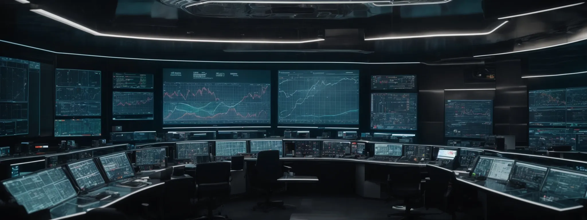 a futuristic control room with large screens displaying complex data analysis graphs and a central ai interface mapping out search engine strategies.