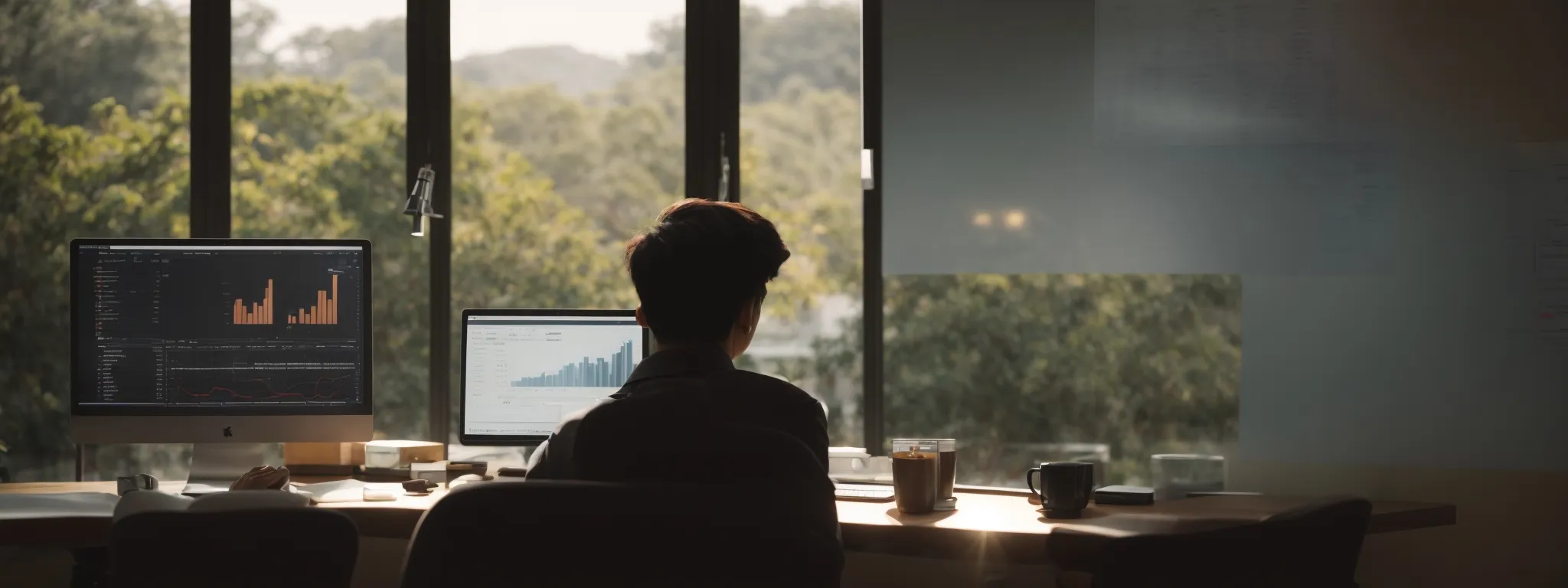 a person sits with a laptop at a minimalistic desk, immersed in analyzing data on a website analytics dashboard as the morning sunlight streaks in.
