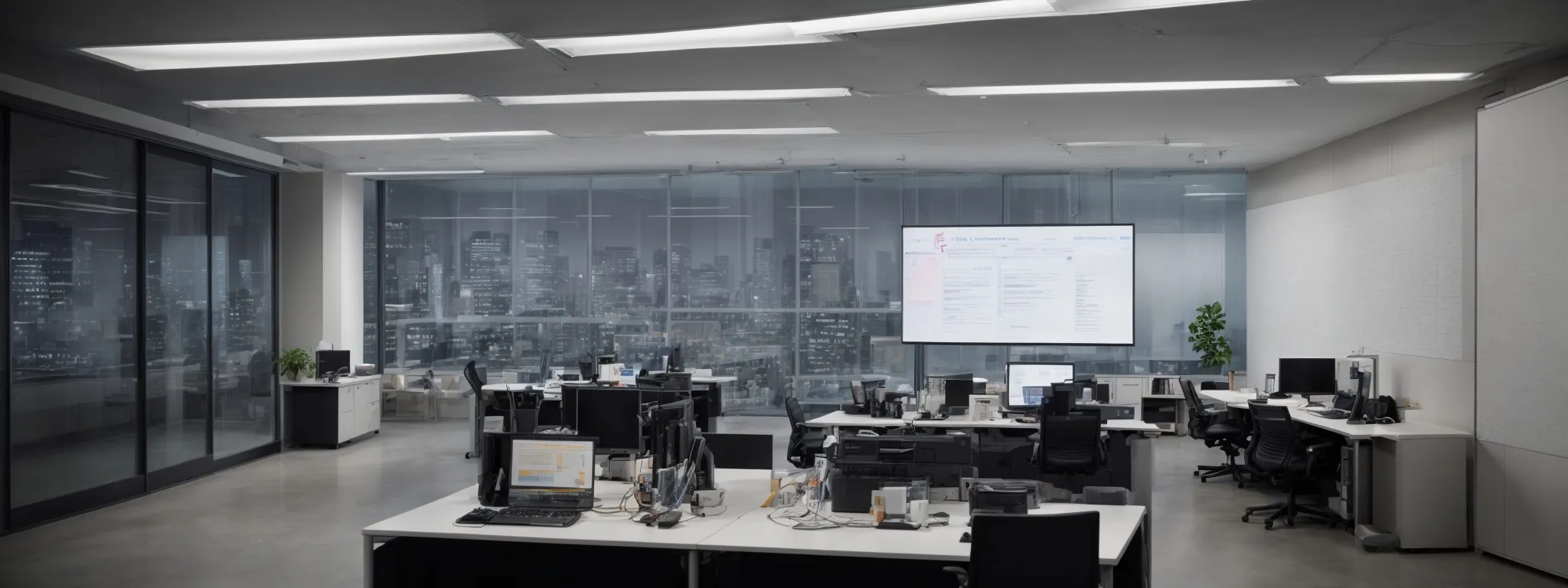 a modern office with a large screen displaying a flowchart symbolizing streamlined automated content processes.