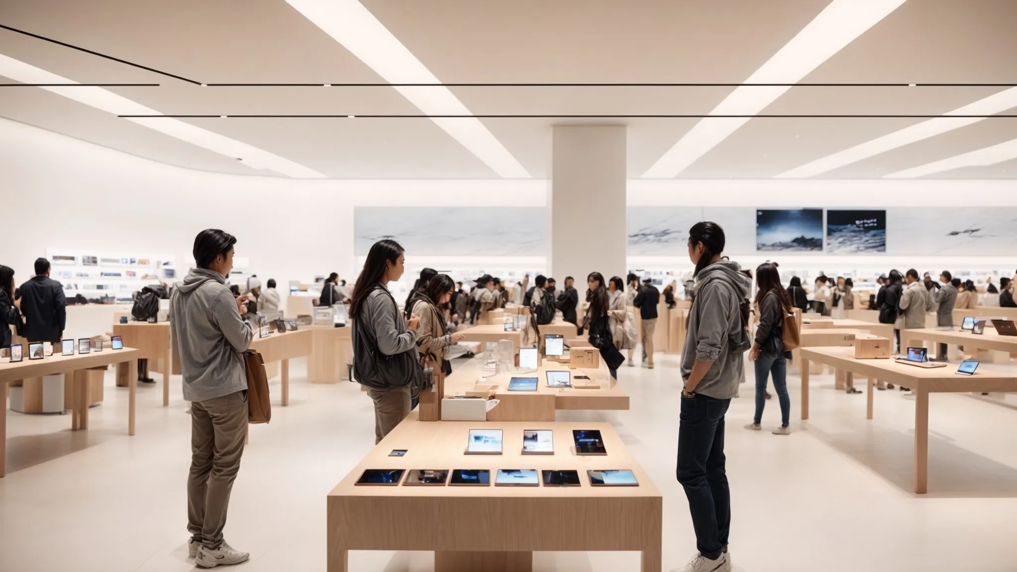 an apple store bustling with customers engaging with the latest devices amidst sleek, minimalist surroundings.