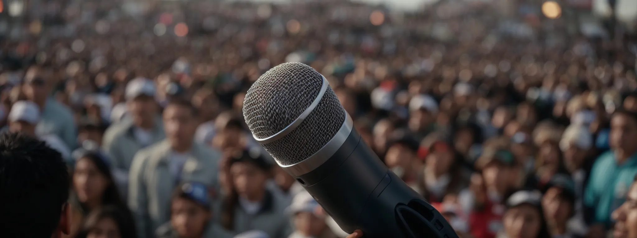 a close-up of a microphone against a backdrop of a crowd to represent a distinct brand voice engaging with new jersey consumers.