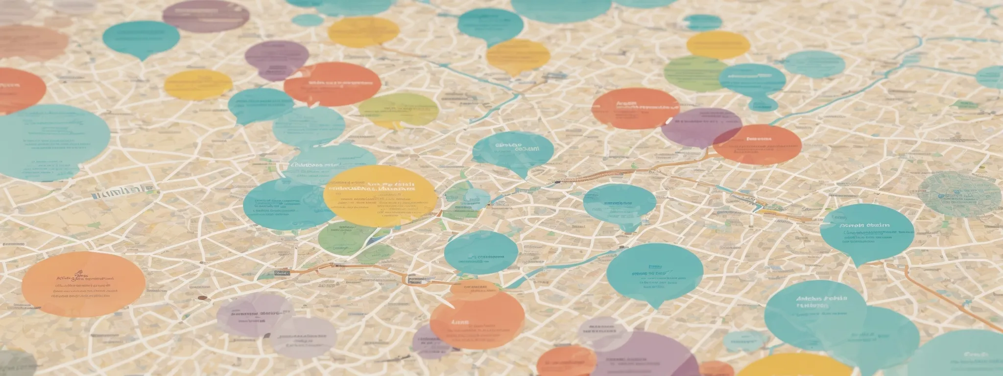 a colorful infographic map pinpointing local businesses with a magnifying glass highlighting network connections.