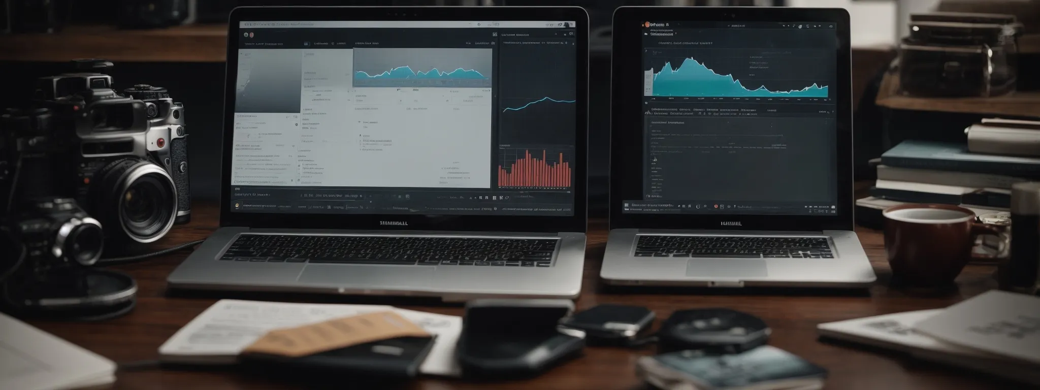 a laptop with analytics on screen amid marketing strategy icons.