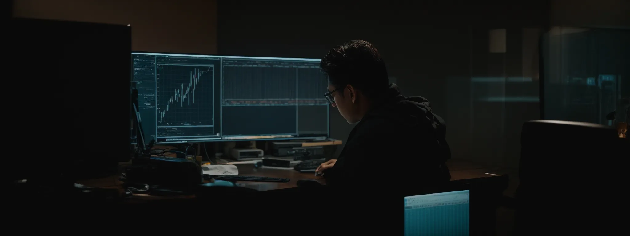 a focused individual reviewing intricate analytics on a computer screen.