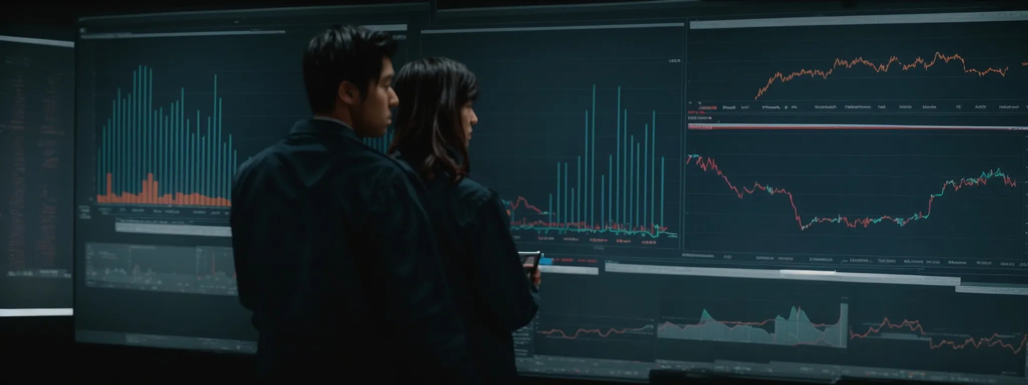 two professionals discuss over a large screen showing website analytics graphs and performance metrics.