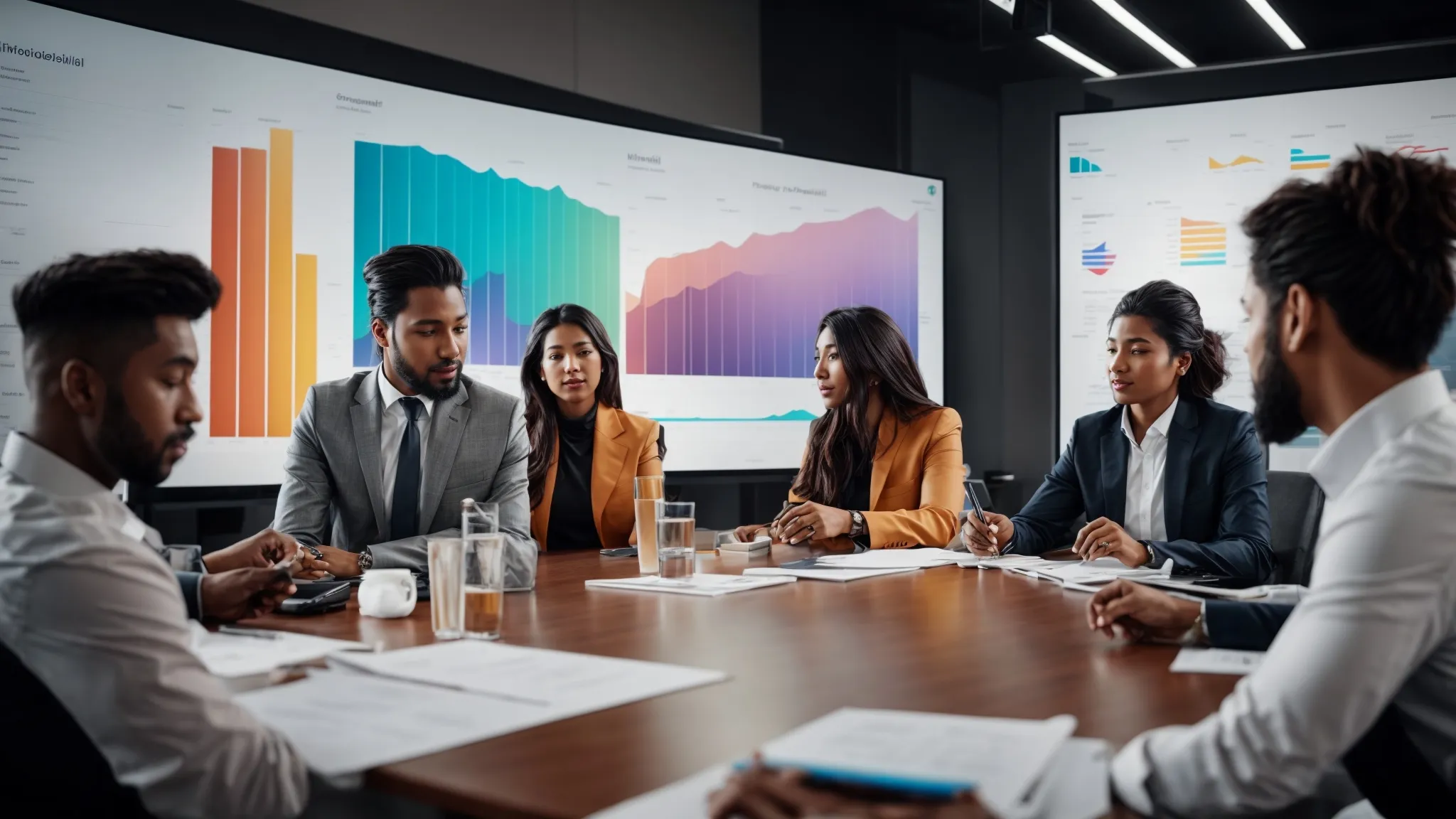 a conference room where a group of professionals are engaged in a lively brainstorming session around a large screen, displaying colorful graphs and marketing analytics.