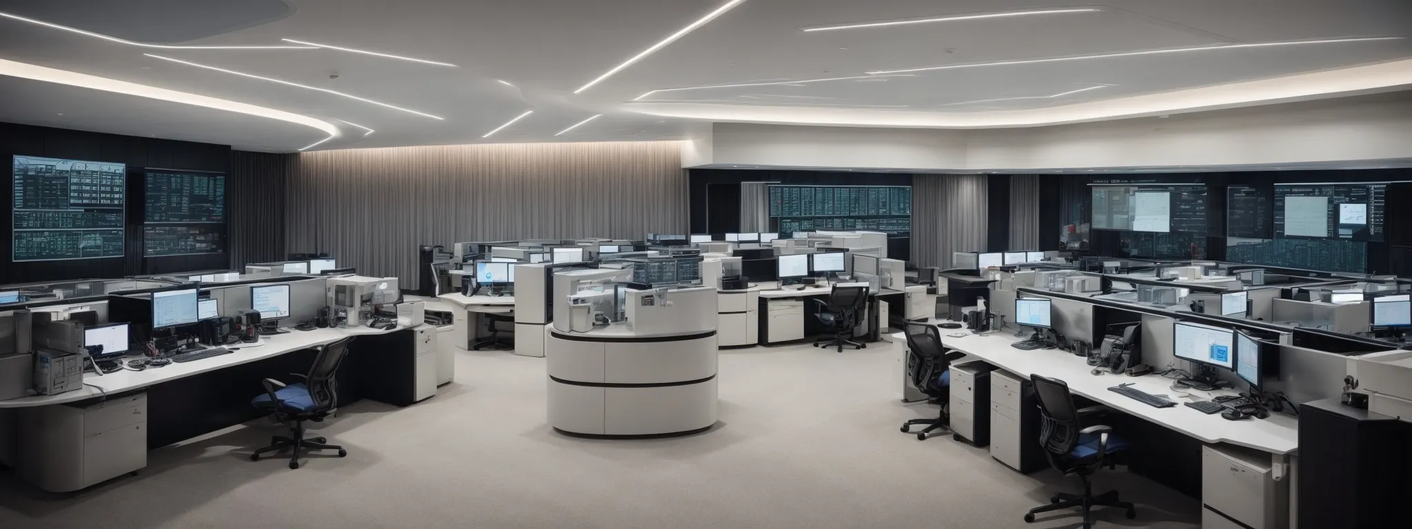 a sleek modern office with rows of computer stations indicating a high-tech control center for enterprise management.