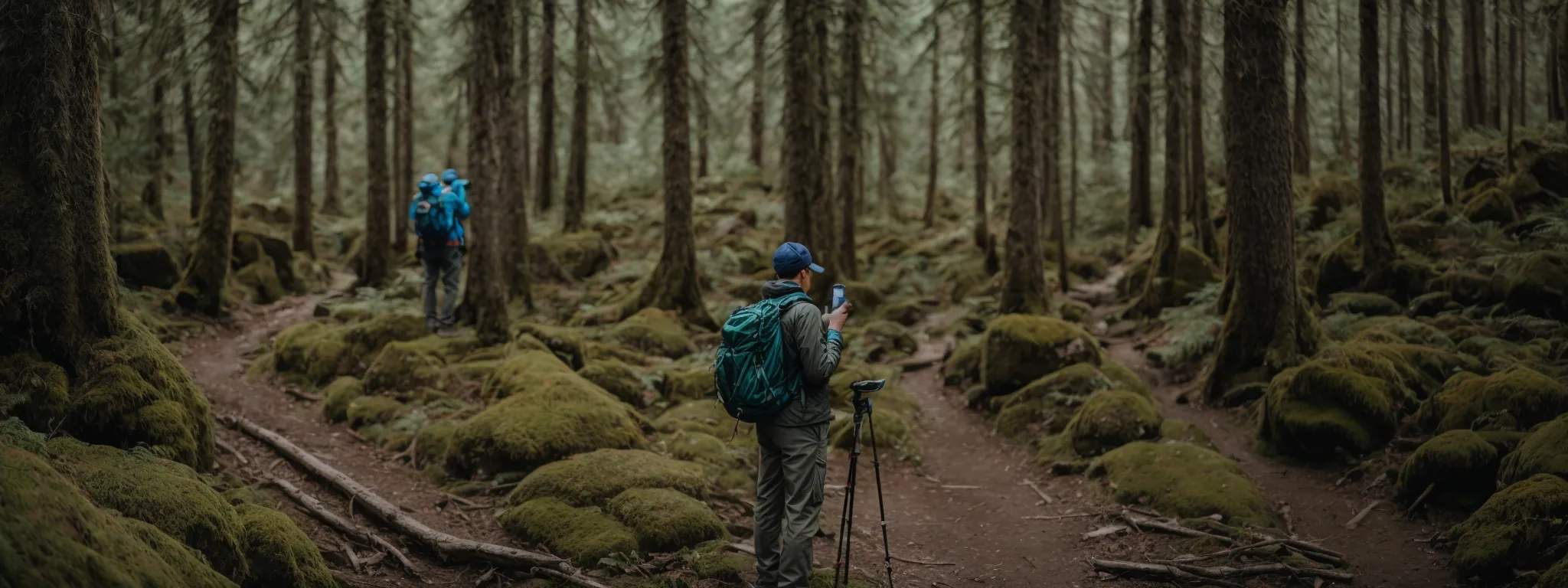 a hiker uses a smartphone to search for outdoor gear while trekking a forest trail.