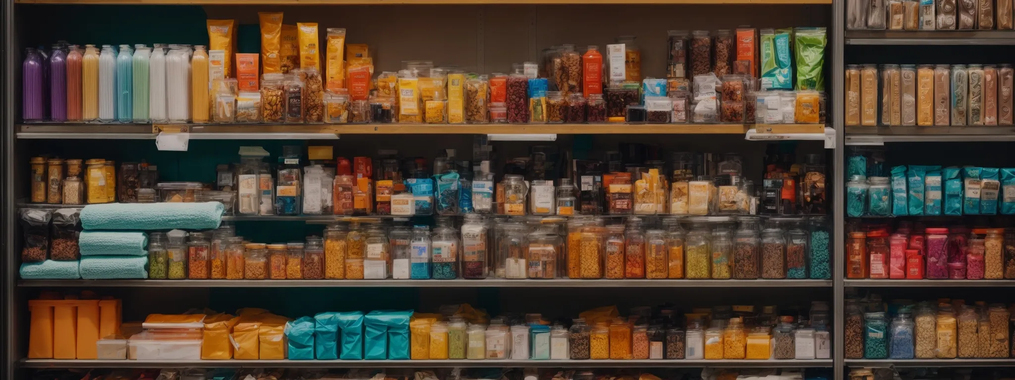 a neatly organized shop shelf displaying a variety of colorful products, all available for online purchase.