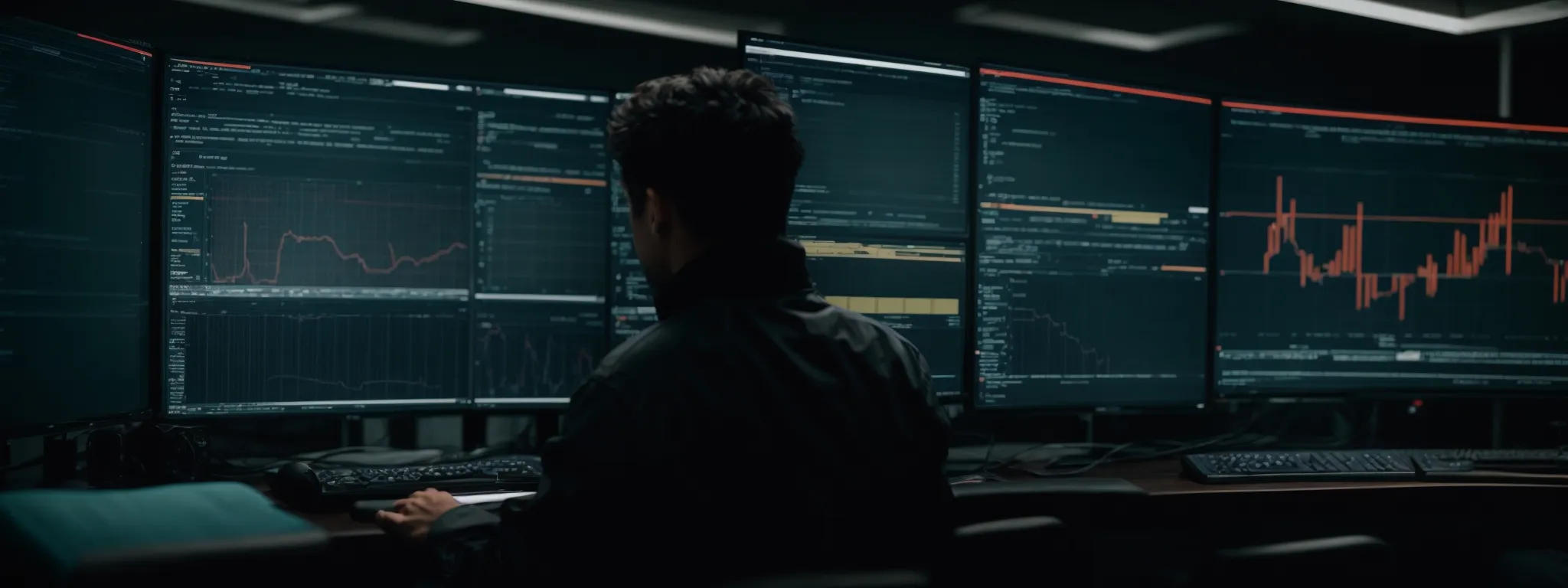 a web developer intently monitors a cybersecurity dashboard that displays website traffic and threat levels.
