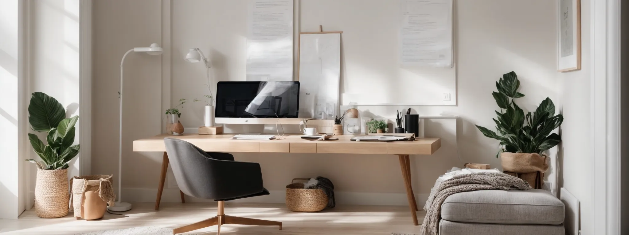 a minimalist home office with an open laptop displaying a clean, streamlined user interface for managing and publishing blog posts.