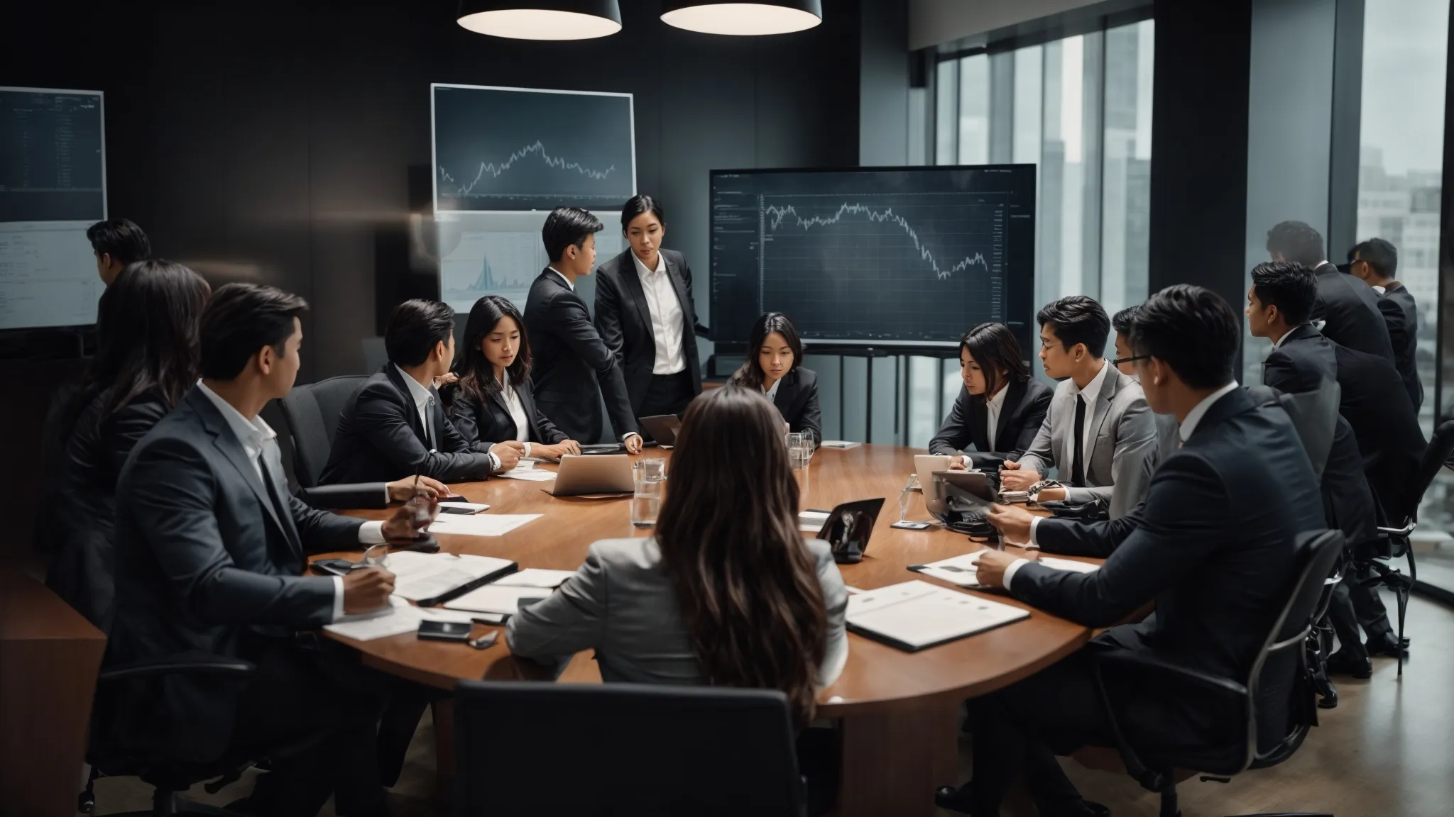 a group of professionals gather around a conference table with charts and digital devices, discussing strategies and analyzing market trends.