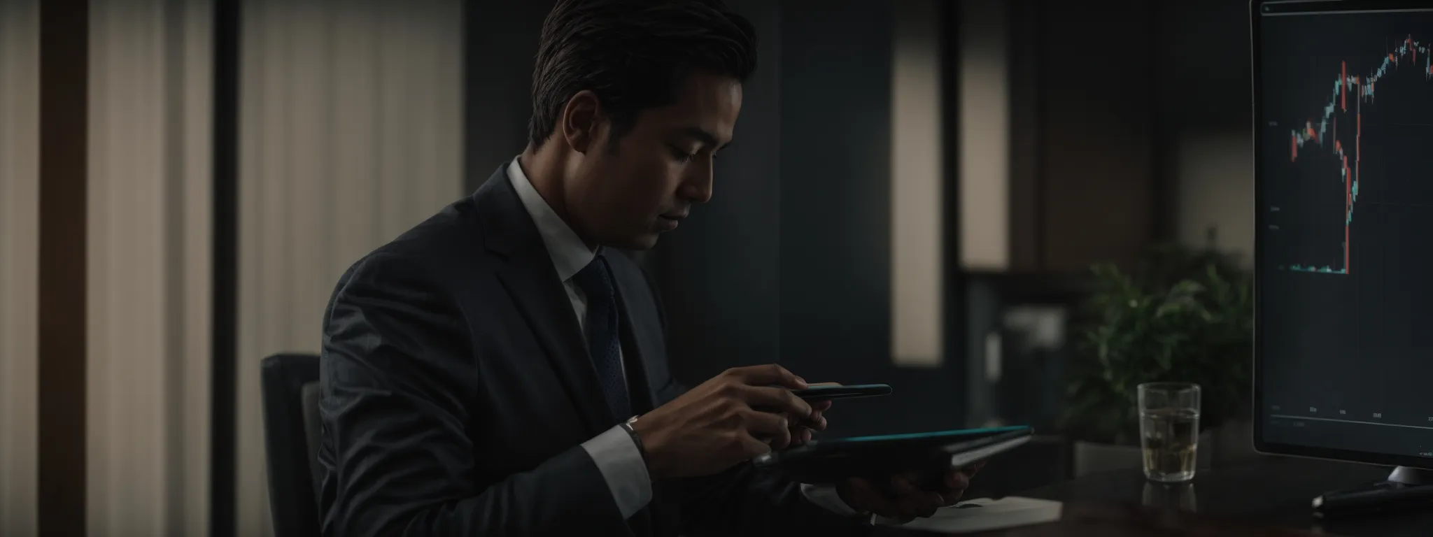 a businessman studies a graph on a digital tablet indicating growth trends in a modern office setting.