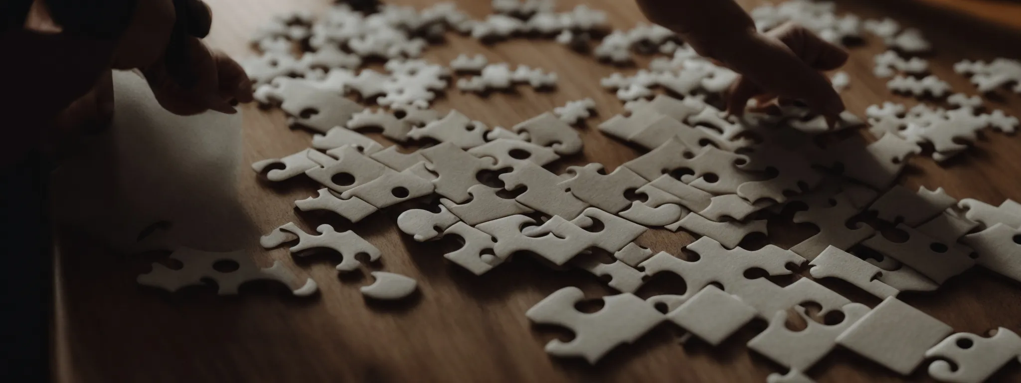 a shadowy figure discreetly connects puzzle pieces on a table, symbolizing strategic link building in seo.