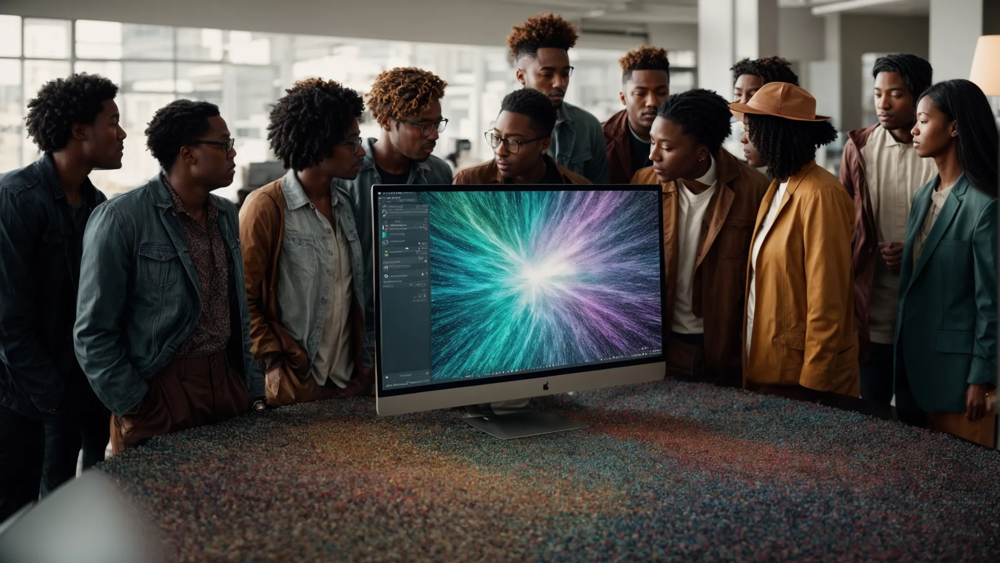 a group of diverse people gather around a large computer screen, displaying a colorful, abstract visualization of a search algorithm.